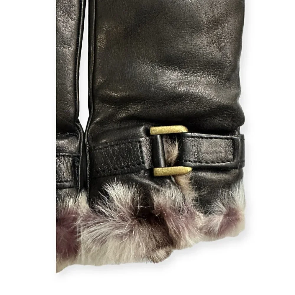 Sermoneta Leather Cashmere Lined gloves with Rabbit fur Trim size 7.5, Black NWT